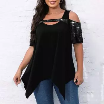 Женская футболка с открытыми плечами и короткими рукавами, блестящие бусины с декором, неровный подол, летняя однотонная свободная пуловер, топ, уличная одежда 2XL