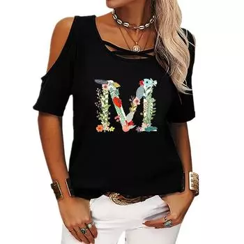 Женская футболка с открытыми плечами, летняя модная футболка с цветочным принтом и коротким рукавом, женская повседневная футболка с круглым вырезом S розовый