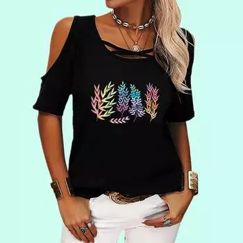 Женская футболка с открытыми плечами, модная круглая горловина с цветочным принтом, женская повседневная футболка с короткими рукавами S розовый