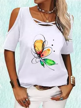 Женская футболка с открытыми плечами, повседневная футболка с коротким рукавом и круглым вырезом, летняя футболка с принтом S розовый