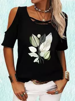 Женская футболка с открытыми плечами, повседневная футболка с коротким рукавом и круглым вырезом, летняя футболка с принтом S розовый