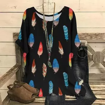 Женская футболка с перьями, летняя футболка с коротким рукавом, модная пуловерная футболка с круглым вырезом, уличная одежда, Harajuku, повседневная новинка больших размеров M