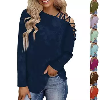 Женская футболка с плоским вырезом и длинным рукавом, модные топы, женские повседневные хлопковые рубашки с открытыми плечами и галстуком, топы L