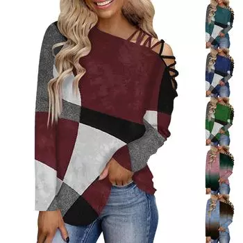 Женская футболка с плоским вырезом и длинным рукавом, модные топы, женские повседневные хлопковые рубашки с открытыми плечами и галстуком, топы M