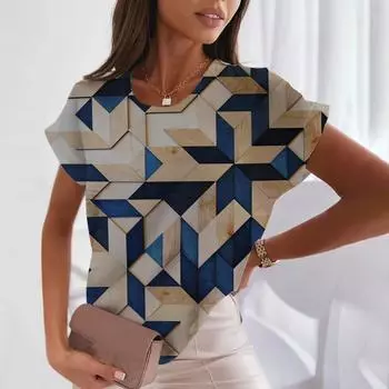 Женская футболка с полосатым принтом, топы, 3D-футболка, летняя короткая одежда Y2k, повседневная модная рубашка для девочек в стиле Харадзюку с круглым вырезом, уличный пуловер S