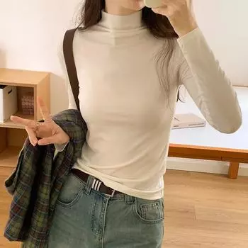 Женская футболка с полуводолазкой, прошитая нитками, ранняя осень, новая футболка с длинными рукавами, эластичный утягивающий мягкий вощеный внутренний топ S