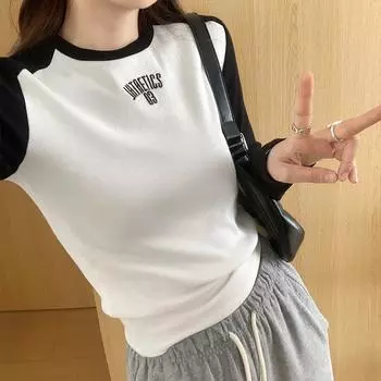 Женская футболка с правым плечом, длинный рукав, весна и осень, новая контрастная цветная облегающая рубашка с коротким облегающим верхом S