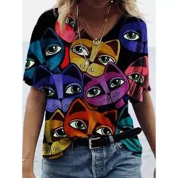 Женская футболка с принтом 3D Cats, модные женские блузки, забавные футболки Kawaii с V-образным вырезом, женская одежда, свободные летние топы, футболки S фиолетовый