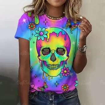 Женская футболка с принтом 3D Gothic Skulls, модные женские футболки с круглым вырезом, женский топ Harajuku с коротким рукавом, эстетика, свободная женская одежда S
