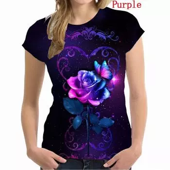 Женская футболка с принтом 3D-розы, модная женская футболка, новый летний свободный женский топ с цветочным принтом S