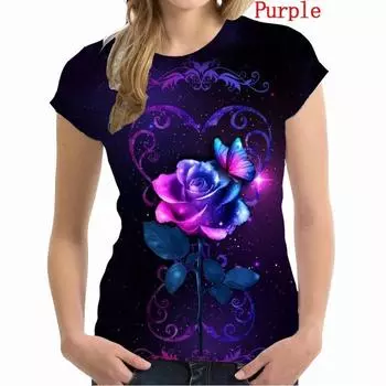 Женская футболка с принтом 3D-розы, модная женская футболка, новый летний свободный женский топ с цветочным принтом S