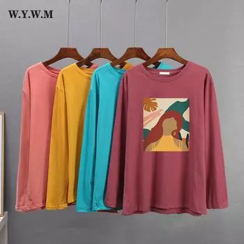 Женская футболка с принтом абстрактных фигур WYWM, базовые футболки с длинными рукавами и круглым вырезом, женские модные свободные хлопковые черные топы для девочек