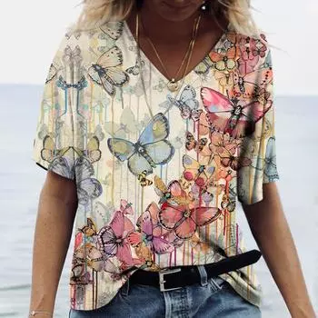 Женская футболка с принтом бабочек, 3D V-образный вырез, хлопковые модные топы с коротким рукавом, повседневная базовая одежда для девочек 2022 года, одежда в стиле Харадзюку M