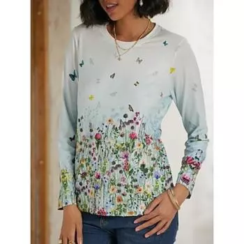 Женская футболка с принтом бабочек белого, красного, фиолетового цвета, с длинным рукавом, повседневная, базовая, винтажная, с круглым вырезом, обычная, с цветочным принтом, абстрактная живопись, размер S S