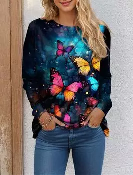 Женская футболка с принтом «Бабочка» 3D, повседневная толстовка, модная на выходные, футболки с длинным рукавом, круглый вырез, красная, весна и осень S