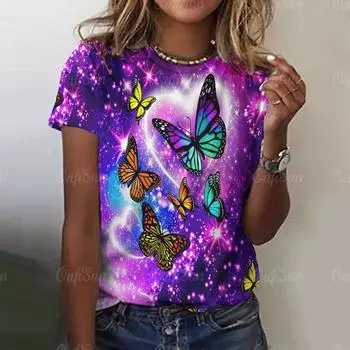 Женская футболка с принтом бабочки 3D, фиолетовая, с круглым вырезом, повседневная, женская, градиентная, топ Harajuku для девочек, с коротким рукавом, модная одежда S