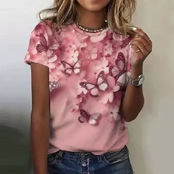 Женская футболка с принтом бабочки и цветка, летняя футболка для женщин, топы, модная женская рубашка с коротким рукавом, свободная мужская одежда S