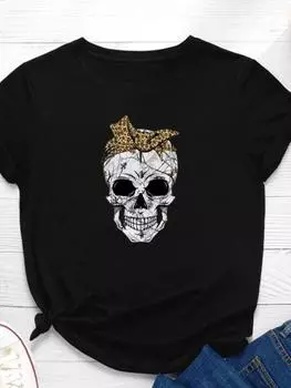 Женская футболка с принтом черепа и головы, короткий рукав, O-образный вырез, свободная женская футболка, женская футболка, топы, одежда, женские футболки S розы красного