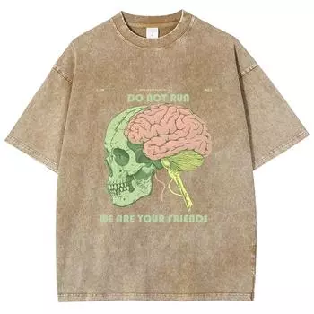 Женская футболка с принтом черепа и мозга, свободный хлопок, уличный тренд, топ с коротким рукавом, потертые футболки для подростков S