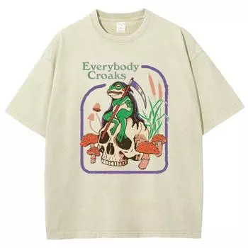 Женская футболка с принтом черепа лягушки, забавная, фэн-шуй, стирка деним, хлопок, круглый вырез, короткий рукав, винтажная, с эффектом потертости, нишевый топ S