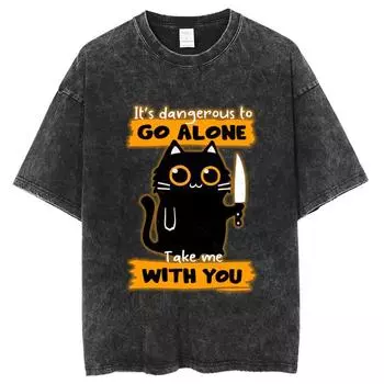 Женская футболка с принтом черной кошки, летняя, стираная, джинсовая, хлопковая, с коротким рукавом, свободный топ с круглым вырезом, простая модель 2000 года S