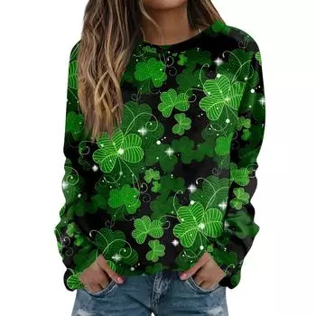Женская футболка с принтом Clovers 2024 Happy St. День Святого Патрика Круглый вырез Длинные рукава Топы 3D Клеверы Принт Пуловеры Топы Femme S