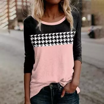 Женская футболка с принтом цветных блоков, повседневная, выходного дня, модная, с длинным рукавом и круглым вырезом, белая, весна и лето S