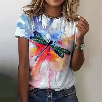 Женская футболка с принтом «Цветок и стрекоза» 3D, лето 2024 г., О-образный вырез, короткий рукав, уличный топ с коротким рукавом, повседневная трендовая одежда XS