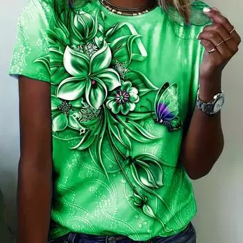 Женская футболка с принтом цветов и бабочек, летняя НОВАЯ футболка большого размера, популярная одежда, женская одежда, футболка с коротким рукавом S