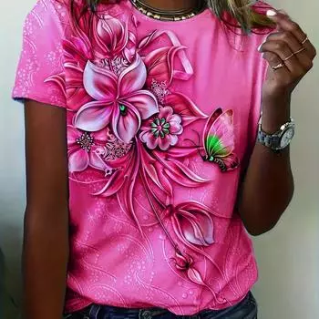 Женская футболка с принтом цветов и бабочек, летняя НОВАЯ футболка большого размера, популярная одежда, женская одежда, футболка с коротким рукавом S