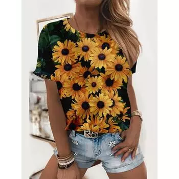 Женская футболка с принтом цветов и подсолнухов, короткий рукав, повседневная, базовая, с круглым вырезом, обычная, с 3D-печатью, с рисунком, футболки женские S