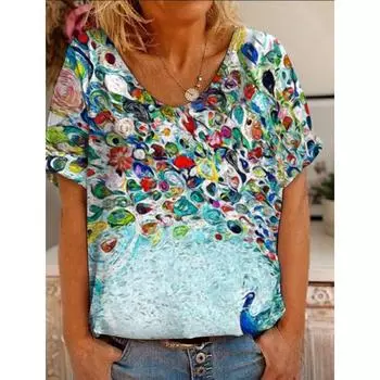 Женская футболка с принтом «Цветы и птицы» Футболки с короткими рукавами Повседневные футболки для выходных Базовые футболки с V-образным вырезом Стандартные футболки с абстрактной живописью XXL