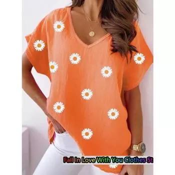 Женская футболка с принтом «Daisy», повседневная футболка с V-образным вырезом и коротким рукавом, летняя модная повседневная свободная футболка большого размера, повседневная женская одежда S