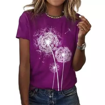 Женская футболка с принтом Dandelion3D Y2k, элегантная, винтажная, сексуальная, с коротким рукавом, элегантная, повседневная, удобная, из полиэстера, с круглым воротником L