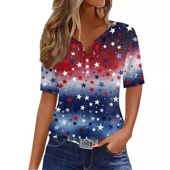 Женская футболка с принтом «День независимости» на пуговицах с коротким рукавом, повседневная, выходного дня, модная, базовая, с V-образным вырезом, обычная L