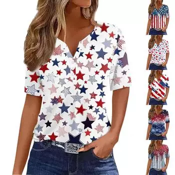 Женская футболка с принтом «День независимости» на пуговицах с коротким рукавом, повседневная, выходного дня, модная, базовая, с V-образным вырезом, обычная M