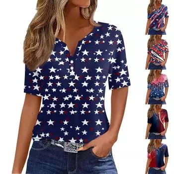 Женская футболка с принтом «День независимости» на пуговицах с коротким рукавом, повседневная, выходного дня, модная, базовая, с V-образным вырезом, обычная L