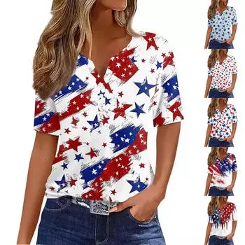 Женская футболка с принтом «День независимости» на пуговицах с коротким рукавом, повседневная, выходного дня, модная, базовая, с V-образным вырезом, обычная XXL синий