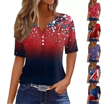 Женская футболка с принтом «День независимости» на пуговицах с коротким рукавом, повседневная, выходного дня, модная, базовая, с V-образным вырезом, обычная S красный
