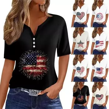 Женская футболка с принтом «День независимости» на пуговицах с коротким рукавом, повседневная, выходного дня, модная, базовая, с V-образным вырезом, обычная XXL