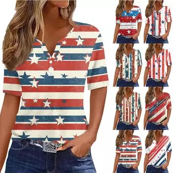 Женская футболка с принтом «День независимости» на пуговицах с коротким рукавом, повседневная, выходного дня, модная, базовая, с V-образным вырезом, обычная M