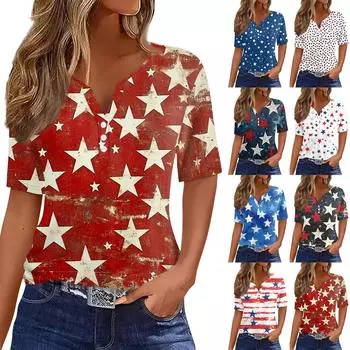 Женская футболка с принтом «День независимости» на пуговицах с коротким рукавом, повседневная, выходного дня, модная, базовая, с V-образным вырезом, обычная L