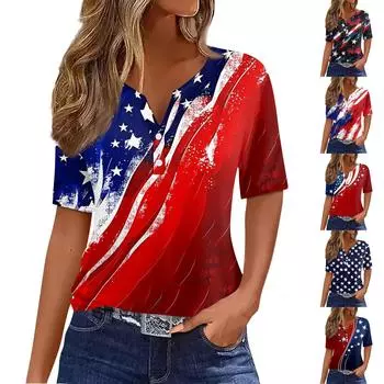 Женская футболка с принтом «День независимости» на пуговицах с коротким рукавом, повседневная, выходного дня, модная, базовая, с V-образным вырезом, обычная L чёрный