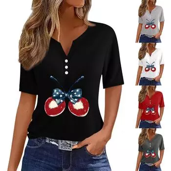 Женская футболка с принтом «День независимости» на пуговицах с коротким рукавом, повседневная, выходного дня, модная, базовая, с V-образным вырезом, обычная XXL белый