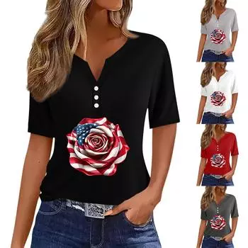 Женская футболка с принтом «День независимости» на пуговицах с коротким рукавом, повседневная, выходного дня, модная, базовая, с V-образным вырезом, обычная XL