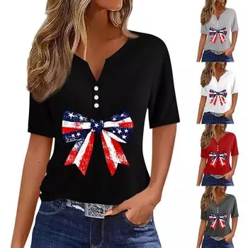 Женская футболка с принтом «День независимости» на пуговицах с коротким рукавом, повседневная, выходного дня, модная, базовая, с V-образным вырезом, обычная XL