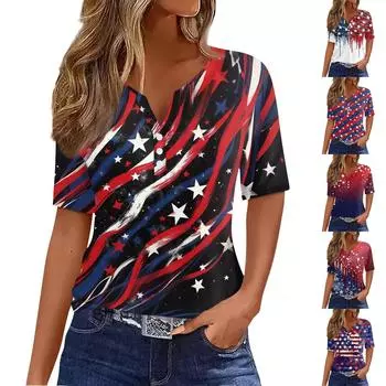 Женская футболка с принтом «День независимости» на пуговицах с коротким рукавом, повседневная, выходного дня, модная, базовая, с V-образным вырезом, обычная L