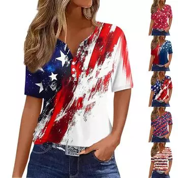 Женская футболка с принтом «День независимости» на пуговицах с коротким рукавом, повседневная, выходного дня, модная, базовая, с V-образным вырезом, обычная L киноварь