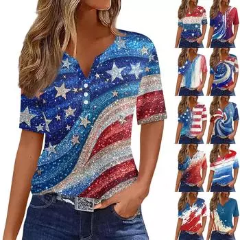Женская футболка с принтом «День независимости» на пуговицах с коротким рукавом, туника, повседневная мода на выходные, базовый топ с V-образным вырезом S