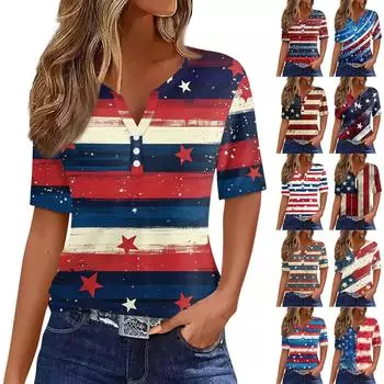 Женская футболка с принтом «День независимости» на пуговицах с коротким рукавом, туника, повседневная мода на выходные, базовый топ с V-образным вырезом M киноварь